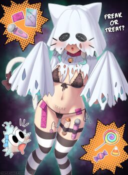 1girl @_@ animal_ears bell black_bra black_panties blush bow bra breasts candy cat_ears cat_tail collar condom condom_packet_strip condom_wrapper costume covered_face english_text facial_mark fang food ghost ghost_costume ghost_pose green_hair halloween halloween_costume highres indie_virtual_youtuber lingerie lollipop lube_bottle mint_fantome mischiefmiz multicolored_hair navel open_mouth paid_reward_available panties patterned_clothing sex_toy sheet_ghost signature simple_background skin_fang small_breasts solo string_panties striped_clothes tail thigh_strap thighhighs torn_clothes underwear vibrator vibrator_in_thighhighs vibrator_under_clothes vibrator_under_panties virtual_youtuber whisker_markings white_hair wisps_(mint_fantome)