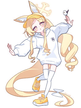 1girl :o absurdres alternate_costume animal_ear_fluff animal_ears bird bird_on_hand blonde_hair blue_archive blush casual cross_halo drill_hair drill_sidelocks fox_ears fox_girl fox_tail halo highres hood hood_down hoodie long_hair long_tail looking_at_viewer open_mouth outstretched_arms ribbon s9uirrel seia_(blue_archive) shoes sidelocks simple_background solo spread_arms standing standing_on_one_leg tail tail_ornament tail_ribbon thighhighs visor_cap white_background white_hoodie white_thighhighs yellow_eyes yellow_halo yellow_shoes yellow_tail