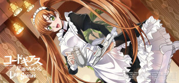 1girl apron black_dress blurry blush bokeh breasts code_geass code_geass:_lost_stories commentary_request cork cup depth_of_field dress dutch_angle f4samurai frilled_apron frilled_dress frilled_sleeves frills glint granulated_sugar green_eyes hair_between_eyes happy holding holding_teapot holding_tray indoors jar juliet_sleeves leg_up long_dress long_hair long_sleeves looking_at_viewer maid maid_apron maid_headdress medium_breasts official_art open_mouth orange_hair pantyhose picture_frame pouring puffy_sleeves saucer shirley_fenette shoes sidelocks smile solo spoon standing standing_on_one_leg steam teacup teapot teeth tray twintails very_long_hair white_apron white_pantyhose white_shoes