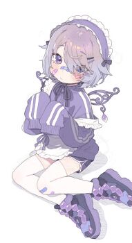 1girl absurdres apron bandaid bandaid_on_face commentary highres hololive hololive_english jacket koseki_bijou maid possummachine shorts simple_background sitting sleeves_past_fingers sleeves_past_wrists solo thighhighs track_jacket unconventional_maid virtual_youtuber white_background white_thighhighs
