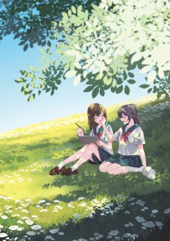 2girls ^_^ absurdres arm_at_side black_hair blue_sky brown_hair brown_shoes closed_eyes commentary_request dappled_sunlight day field flower green_sailor_collar green_skirt hand_on_another&#039;s_cheek hand_on_another&#039;s_face happy highres holding holding_notebook holding_paintbrush loafers long_hair multiple_girls neckerchief notebook on_ground open_mouth original outdoors paintbrush ponytail red_neckerchief sailor_collar scenery school_uniform serafuku shirt shoes short_sleeves sitting skirt sky smile sneakers socks summer summer_uniform sunlight white_flower white_shirt white_shoes white_socks yashio_(840san)
