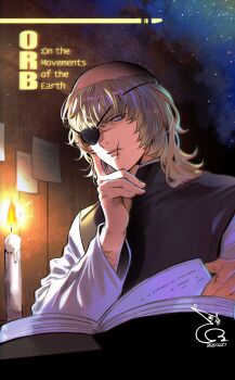Rule 34 | 1boy, absurdres, badeni, baehee5502, black tabard, blonde hair, blue eyes, book, candle, chi.: chikyuu no undou ni tsuite, commentary request, copyright name, dated, english text, eyepatch, highres, male focus, medium hair, open book, reading, scar, scar on face, scar on mouth, scar on nose, sky, solo, star (sky), starry sky, tabard, tonsure