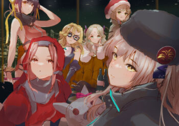 6+girls absurdres bindi black_hair blonde_hair blue_eyes breasts brown_capelet capelet carole_reaper charlotta_skopovskaya chest_harness china_dress chinese_clothes coat deerstalker dress earrings eye_mask fur_hat green_eyes grey_hair harness hat heaven_burns_red highres holding irene_redmayne jewelry large_breasts li_yingxia long_hair looking_at_viewer maria_de_angelis mask multiple_girls no53_(pixiv_77486930) nun parted_bangs pelvic_curtain red_eyes red_hair ribbon santa_hat short_hair stuffed_animal stuffed_cat stuffed_toy team_31x_(heaven_burns_red) triangle_earrings twintails ushanka veil vritika_balakrishnan yellow_eyes yellow_ribbon