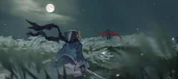 2girls artist_name bad_id bad_pixiv_id black_scarf blue_kimono cape club3 commentary_request fate_(series) field fighting_stance graphite_(medium) grass helmet highres holding holding_sword holding_weapon japanese_clothes katana kimono looking_at_another moon multiple_girls night oda_nobunaga_(fate) oda_nobunaga_(koha-ace) okita_souji_(fate) okita_souji_(koha-ace) ponytail red_cape red_eyes scarf scenery sekiro:_shadows_die_twice sky sword traditional_media weapon