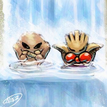 2others closed_eyes commentary_request crossed_arms dark_skin gen_1_pokemon gloves highres hitmonchan hitmonlee kaosu_(kaosu0905) multiple_others nintendo pokemon pokemon_(creature) pokemon_focus red_gloves signature sitting water waterfall