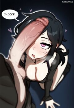 1boy 1girl ai-assisted all_fours andrew_graves artist_name ashley_graves black_hair blush breasts brother_and_sister english_text erection fluffylewdsai heart hetero highres imminent_fellatio incest large_breasts looking_at_penis open_mouth penis penis_awe pink_eyes siblings speech_bubble sweat testicles the_coffin_of_andy_and_leyley uncensored veins veiny_penis