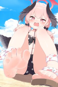 1girl absurdres barefoot beach bikini black_bikini blue_archive blush didac_fantasy feet floral_print foot_focus foreshortening front-tie_top halo head_wings highres koharu_(blue_archive) koharu_(swimsuit)_(blue_archive) loli official_alternate_costume open_mouth pink_eyes pink_hair pink_halo print_bikini soles solo swimsuit toes twintails wings