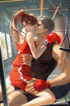 1boy 1girl absurdres asukaashuka bandaged_hand bandages bare_shoulders black_shorts black_tank_top boxing_gloves breasts brown_hair couple crop_top faceless faceless_female feet_out_of_frame fingerless_gloves gloves grey_hair gym gym_shirt gym_shorts hair_ornament hair_over_eyes hair_tie hairclip hetero highres long_hair looking_at_another love_and_deepspace medium_breasts midriff muscular muscular_male official_alternate_costume parted_bangs parted_lips ponytail protagonist_(love_and_deepspace) red_gloves red_shirt red_shorts saliva saliva_trail shirt short_hair shorts sitting sitting_on_lap sitting_on_person straddling sweat sylus_(love_and_deepspace) tank_top