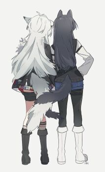 2girls animal_ears antenna_hair arknights armlet artist_name black_boots black_hair black_jacket black_pantyhose black_vest blue_shorts boots from_side full_body hand_on_own_hip highres jacket jewelry lappland_(arknights) lappland_the_decadenza_(arknights) long_hair multiple_girls pantyhose pantyhose_under_shorts seri_(vyrlw) shorts simple_background tail tail_wrap texas_(arknights) texas_the_omertosa_(arknights) thigh_strap vest white_background white_boots white_hair wolf_ears wolf_girl wolf_tail yuri