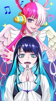 2girls absurdres ado_(utaite) aegyo_sal angel_wings bilingual_commentary black_nails blue_eyes blue_hair chando_(ado) colored_inner_hair commentary english_commentary hair_over_one_eye highres long_hair long_sleeves mixed-language_commentary mole mole_under_eye multicolored_hair multiple_girls musical_note nail_polish one_piece one_piece_film:_red open_mouth own_hands_together purple_eyes red_hair shirt split-color_hair teeth tomoyaku two-tone_hair uta_(one_piece) utaite white_hair white_shirt wings