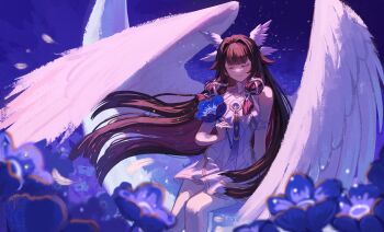 1girl absurdres black_hair blue_flower closed_eyes closed_mouth columbina_(genshin_impact) commentary dress english_commentary feathered_wings flower genshin_impact hair_ribbon head_wings highres holding holding_flower long_hair long_sidelocks multicolored_hair multiple_wings oversized_wings pink_hair ribbon sidelocks smile solo very_long_hair white_dress white_mask white_ribbon white_wings wings yumich