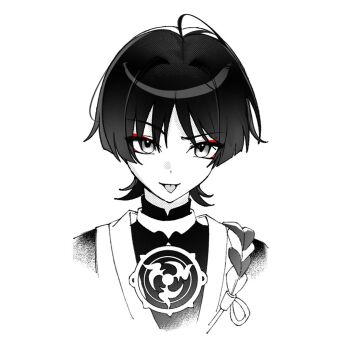 Rule 34 | 1boy, blunt ends, bodysuit, choppy bangs, commentary request, cropped torso, genshin impact, greyscale, japanese clothes, jewelry, kimono, kuroya01246414, looking at viewer, male focus, mandarin collar, mitsudomoe (shape), monochrome, neck ring, portrait, rope, scaramouche (genshin impact), shimenawa, solo, spot color, tomoe (symbol), tongue, tongue out, tsurime, white background