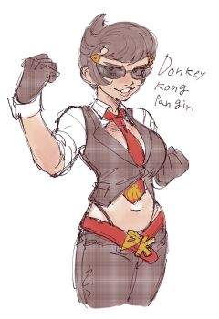 Rule 34 | 1girl, breasts, brown gloves, brown hair, brown pants, brown vest, clenched hands, collared shirt, cosplay, cropped vest, dancho no mori, donkey kong, donkey kong (cosplay), donkey kong (series), donkey kong country, gloves, grin, hands up, large breasts, lips, navel, necktie, nintendo, original, pants, panty straps, parted lips, red necktie, shirt, short hair, sleeves rolled up, smile, solo, sunglasses, vest, waistcoat, white shirt