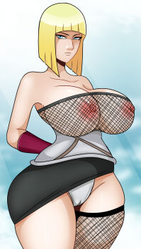 Rule 34 | 1girl, absurdres, arms behind back, asymmetrical legwear, blue eyes, bowl cut, breasts, cleft of venus, closed mouth, curvy, fishnet thighhighs, fishnet top, fishnets, highres, hime cut, huge breasts, looking at viewer, mismatched legwear, naruto (series), naruto shippuuden, no bra, samui (naruto), see-through clothes, see-through shirt, shiny skin, shirt, sonson-sensei, standing, thighhighs, thong, wide hips