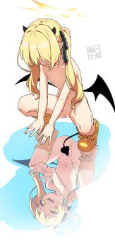 1girl absurdres anus bar_censor black_horns black_ribbon black_tail black_wings blonde_hair blue_archive boots censored cleft_of_venus collarbone completely_nude convenient_tail demon_girl demon_horns demon_tail demon_wings hair_ribbon halo highres horns ibuki_(blue_archive) loli long_hair nipples nude open_mouth pointy_ears pussy reflection ribbon rubber_boots seto_tinami side_ponytail squatting tail webp-to-png_conversion white_background wings yellow_boots yellow_eyes yellow_halo