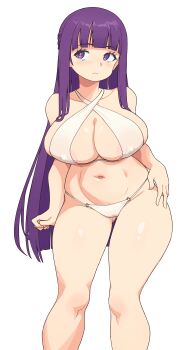 Rule 34 | 1girl, areola slip, bikini, blunt bangs, blush, breasts, closed mouth, collarbone, covered erect nipples, cowboy shot, curvy, fern (sousou no frieren), large breasts, long hair, looking to the side, matching hair/eyes, navel, neamosub, purple eyes, purple hair, sidelocks, simple background, solo, sousou no frieren, standing, swimsuit, white background, white bikini