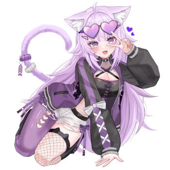 1girl absurdres animal_ear_fluff animal_ears black_jacket black_shirt blush breasts cat_ears cat_girl cat_tail cleavage commentary eyewear_on_head fang fishnet_thighhighs fishnets hair_ornament hairpin heart heart-shaped_eyewear highres hololive jacket large_breasts long_hair looking_at_viewer multicolored_jacket nekomata_okayu nekomata_okayu_(personya_respect) official_alternate_hairstyle open_mouth purple_eyes purple_hair purple_jacket purple_thighhighs shiemika324 shirt skin_fang smile solo sunglasses symbol-only_commentary tail thighhighs two-tone_jacket virtual_youtuber
