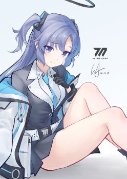 1girl absurdres belt black_halo black_jacket black_skirt black_socks blue_archive blue_eyes blue_hair blue_necktie blush character_name closed_mouth coat commentary_request dated grey_background hair_ornament halo highres jacket konounfda long_hair looking_at_viewer mechanical_halo necktie shirt signature simple_background sitting skirt smile socks solo thighs two_side_up white_coat white_shirt yuuka_(blue_archive)