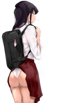 1girl absurdres ass backpack bag black_hair clothes_lift condom condom_belt from_behind highres komi-san_wa_komyushou_desu komi_shouko long_hair mamimi_(mamamimi) panties pleated_skirt sanpaku school_uniform shirt simple_background skirt skirt_caught_on_object skirt_lift solo standing underwear used_condom wardrobe_malfunction white_background white_panties white_shirt
