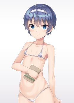 bikini blue_eyes book breasts cevio hairband highres micro_bikini nude short_hair small_breasts suzuki_tsudumi swimsuit white_bikini yanagita_kousuke