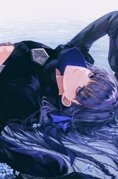 1girl afloat blue_eyes commentary english_commentary fate/extra fate/extra_ccc fate/grand_order fate_(series) flower hair_ribbon highres jacket long_hair long_sleeves looking_at_viewer meltryllis_(fate) purple_hair ribbon sleeves_past_fingers sleeves_past_wrists smile solo water yuririensu