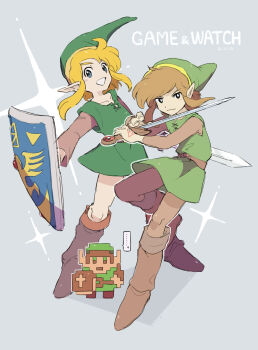 2boys belt blonde_hair blue_eyes boots brown_boots elf green_hat green_shirt green_tunic hat highres link multiple_boys nintendo peke_(pixiv16140426) pointy_ears shield shirt sparkle sprite sword the_legend_of_zelda the_legend_of_zelda:_a_link_to_the_past the_legend_of_zelda_(nes) tunic weapon white_background