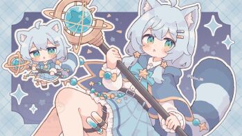 1girl absurdres animal_ears blue_capelet blue_eyes blue_hair blue_skirt capelet chibi chibi_inset colon_br commentary_request commission hair_ornament hanasaki_mana_(manalogues.com) highres holding holding_staff hood hood_down hooded_capelet miniskirt open_mouth original shirt skeb_commission skirt solo staff star_(symbol) tail white_shirt