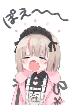 1girl belt black_dress black_headdress black_ribbon blunt_bangs blush_stickers bob_cut chest_harness cleavage_cutout closed_eyes clothing_cutout collared_dress colored_inner_hair commentary_request corset cross-laced_clothes cross-laced_corset deformed dress fang flat_chest frilled_jacket frilled_shirt_collar frills grey_hair happy_aura harness heart_cutout hood hooded_jacket jacket maid maid_headdress makaino_ririmu makaino_ririmu_(5th_costume) medium_hair multicolored_hair nijisanji o-ring o-ring_belt o-ring_harness open_clothes open_jacket open_mouth pink_hair pink_jacket pink_streaks pointy_ears red_eyes ribbon short_dress simple_background smile solo standing streaked_hair tobun_sub translation_request two-tone_hair upper_body virtual_youtuber white_background white_corset