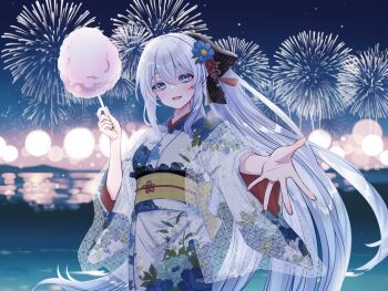 1girl black_bow blue_eyes bow braid breasts commission cotton_candy fate/grand_order fate_(series) fireworks flower grey_hair hair_bow hair_flower hair_ornament japanese_clothes kimono large_breasts long_hair long_sleeves looking_at_viewer morgan_le_fay_(fate) night night_sky obi open_mouth ponytail sash sidelocks skeb_commission sky smile solo very_long_hair white_kimono wide_sleeves yamuimo