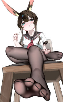 1girl :3 absurdres alternate_costume amiya_(arknights) animal_ear_fluff animal_ears aqua_eyes arknights brown_hair brown_pantyhose brown_sailor_collar chair chinese_commentary closed_mouth commentary_request extra_ears feet foot_focus from_below full_body hair_between_eyes hand_up highres long_sidelocks neckerchief no_shoes on_chair pantyhose rabbit_ears rabbit_girl red_neckerchief sailor_collar shenmi_de_xigua shirt short_sleeves sidelocks simple_background sitting solo toes white_background white_shirt