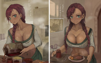 1girl aqua_eyes baked_potato braid breasts cleavage closed_mouth collarbone commentary cooking crop_top durin_(liangzi_tai_hongcha) earrings food highres indoors jar jewelry kitchen knife large_breasts liangzi_tai_hongcha long_hair looking_at_viewer map multiple_views original parted_lips plate pouring red_hair shirt single_braid smile steak steam stud_earrings sweat tray twin_braids upper_body white_shirt