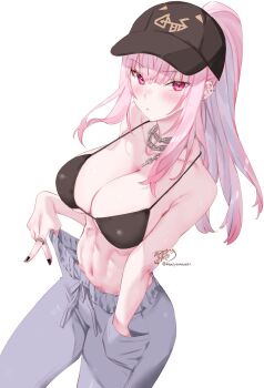 1girl absurdres alternate_costume armpit_crease bare_arms baseball_cap black_bra black_hat black_nails blunt_bangs bra breasts chain chain_necklace cleavage grey_pants hand_in_pocket hat highres hololive hololive_english jewelry kamiya_maneki large_breasts long_hair looking_at_viewer midriff mori_calliope nail_polish navel necklace no_shirt pants pink_eyes pink_hair ponytail ring sidelocks simple_background solo spiked_ear_piercing straight_hair sweatpants toned toned_female underwear virtual_youtuber white_background