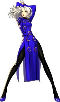 1girl absurdres arms_behind_head black_pantyhose blue_coat breasts coat curly_hair dress full_body grey_hair hairband highres jojo_pose legs lipstick makeup margaret_(persona) official_art pantyhose persona persona_4 persona_4:_dancing_all_night persona_dancing short_hair soejima_shigenori solo standing third-party_source transparent_background v yellow_eyes