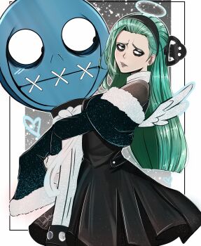 1girl a.b.a absurdres alternate_costume bags_under_eyes black_dress black_hairband border cattedawn commentary dress english_commentary feathered_wings from_side fur_trim green_hair grey_eyes grey_lips guilty_gear guilty_gear_strive hairband heart highres holding holding_key key long_hair looking_at_another looking_to_the_side outside_border oversized_object paracelsus_(guilty_gear) parted_lips pleated_dress shawl signature sleeves_past_wrists sparkle stitched_mouth stitches straight_hair white_border white_wings wings