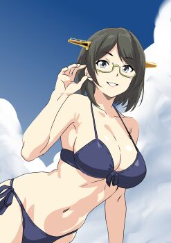 Rule 34 | 1girl, absurdres, bikini, black hair, blue bikini, blue sky, bone namu (namu49850), breasts, cloud, day, front-tie bikini top, front-tie top, glasses, green-framed eyewear, headgear, highres, kantai collection, kirishima (kancolle), kirishima kai ni (kancolle), large breasts, looking at viewer, navel, outdoors, short hair, side-tie bikini bottom, sky, smile, solo, swimsuit