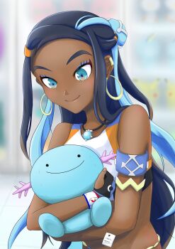 1girl armlet axolotl bare_arms bare_shoulders belly_chain black_eyes black_hair blue_eyes blue_eyeshadow blue_hair blue_skin character_doll colored_skin commentary_request crop_top dark-skinned_female dark_skin doll dynamax_band earrings eyeshadow gen_2_pokemon gloves hair_bun highres holding holding_pokemon hoop_earrings jewelry long_hair makeup mochitaro_(mothitaroo) multicolored_hair necklace nessa_(pokemon) nintendo parted_hair pokemon pokemon_(creature) pokemon_swsh single_glove single_hair_bun sports_bra streaked_hair tail two-tone_hair wooper