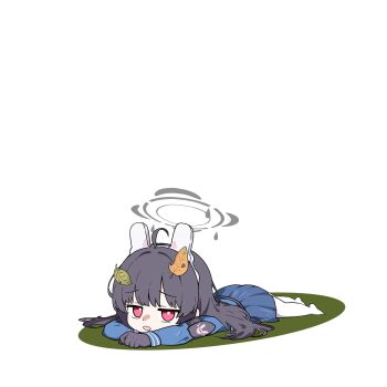 1girl 686panda absurdres ahoge black_gloves black_hair blue_archive blue_sailor_collar blue_skirt chibi colored_shadow full_body gloves halo headgear highres leaf leaf_on_head long_hair looking_at_viewer lying miyu_(blue_archive) no_shoes on_stomach open_mouth pantyhose pleated_skirt red_eyes sailor_collar shadow simple_background skirt solo very_long_hair white_background white_pantyhose