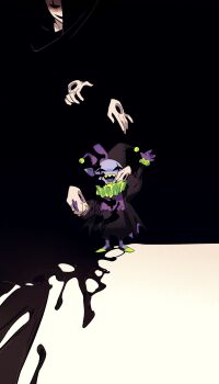 2boys :d allhailjotman arm_up black_jacket black_shorts blue_skin buttons clown clown_boy colored_skin colored_teeth colored_tongue commentary deltarune disembodied_hand english_commentary frilled_sleeves frills full_body gloves green_footwear hat highres holding_hands hollow_eyes jacket jester jester_boy jester_cap jevil juliet_sleeves long_sleeves looking_at_viewer male_focus multiple_boys neck_ruff open_clothes open_jacket open_mouth pointy_ears puffy_shorts puffy_sleeves purple_gloves purple_shirt purple_tongue scar scar_across_eye scar_on_face sharp_teeth shirt shorts simple_background smile standing straight-on teeth tongue two-tone_hat undertale utdr_(toby_fox) w.d._gaster waving yellow_teeth