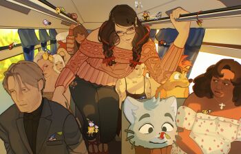 4boys 6+girls animal_ears animal_nose bayonetta bayonetta_(series) bayonetta_3 beedrill beedrill_string_shot_(meme) black_hair black_tank_top blue_fur blue_pikmin breasts brown_hair bus_interior cat_boy cat_ears chuu_(loona) cleavage crash_bandicoot crash_bandicoot_(series) cross cross_necklace crossover curtains dark-skinned_female dark_skin darwin_watterson furry furry_male gen_1_pokemon glasses gumball_watterson highres hiroshi_(hiiroshiiii) jacket jewelry jollibee jollibee_(mascot) kirby kirby_(series) looking_at_another looking_to_the_side mads_mikkelsen makeup meme mole mole_under_mouth multiple_boys multiple_crossover multiple_girls necklace nintendo off-shoulder_shirt off-shoulder_sweater off_shoulder orange_fur parted_hair pikmin_(creature) pink_sweater pinkpantheress real_life red_pikmin shirt spongebob_squarepants spongebob_squarepants_(series) standing suit_jacket sweater tall_female tank_top tattoo terri_joe the_amazing_world_of_gumball vanillamace whiskers white_hair white_shirt window winged_pikmin yellow_pikmin zara_larsson