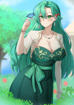1girl absurdres aqua_hair bow braid breasts bug butterfly butterfly_on_hand casual chloe_(fire_emblem) cleavage dress earrings fire_emblem fire_emblem_engage green_dress green_eyes highres insect iskandariis jewelry nintendo orange_bow side_braid teardrop_earrings
