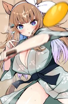 Rule 34 | 1girl, :o, akizuki shigure, almond eye (umamusume), alternate costume, animal ears, ball, blue eyes, blue hair, breasts, brown hair, cleavage, colored inner hair, commentary request, fingernails, hair ornament, hairband, hairclip, highres, holding, holding table tennis paddle, horse ears, horse girl, japanese clothes, kimono, large breasts, long hair, multicolored hair, paddle, pink hair, solo, sparkling eyes, sweat, table tennis, table tennis ball, table tennis paddle, thighs, umamusume, white hairband, yukata