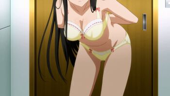 10s 1girl animated animated_gif black_hair blush bow bow_panties bra breasts brown_eyes kotegawa_yui lace_trim long_hair medium_breasts navel panties screencap to_love-ru to_love-ru_darkness underwear undressing wet yellow_bra yellow_panties