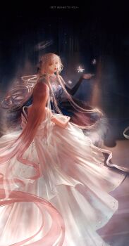 2girls absurdres back_bow backless_dress backless_outfit bare_back bare_legs black_bow black_dress black_gloves blue_eyes bow chinese_commentary circlet commentary_request crystal dress elbow_gloves english_text expressionless eyelashes floating_hair from_behind full_body galaxy gloves gown grey_hair grey_shirt hair_bow hand_on_own_knee highres jiaopiupiu light_particles lilith_(shining_nikki) lipstick long_hair long_sidelocks long_sleeves looking_at_object makeup multiple_girls night night_sky nikki_(nikki) nikki_(series) outstretched_hand parted_lips pink_hair red_lips see-through_clothes see-through_shirt see-through_sleeves shards shining_nikki shirt shirt_under_dress short_sleeves sidelocks sitting sky star_(sky) starry_sky straight_hair strapless strapless_dress teeth thick_eyebrows very_long_hair white_bow white_dress