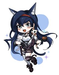 Rule 34 | 1girl, :d, animal, arknights, asymmetrical legwear, black gloves, black shorts, blaze (arknights), blue eyes, blue hair, blue tail, blush stickers, brown cat, cat, chibi, commentary request, eyes visible through hair, fang, gloves, grey cat, grey thighhighs, hair between eyes, hairband, highres, holding, holding animal, infection monitor (arknights), jiakongshijie566, long hair, looking at viewer, open mouth, purple thighhighs, red hairband, shirt, shorts, simple background, sleeves pushed up, smile, solo, sparkle, strap, tail, thighhighs, uneven legwear, white background, white cat, white shirt