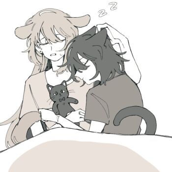 2girls animal_ears cat_ears cat_girl cat_tail commentary cuddling dog_ears dog_girl dog_tail earrings from_above jewelry kemonomimi_mode kuri_912 long_hair miyagi_shiori multiple_girls open_mouth sendai_hazuki shirt short_hair shuuniichido_classmate_wo_kau_hanashi stud_earrings stuffed_animal stuffed_cat stuffed_toy sweat tail under_covers yuri zzz