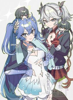 1boy 3girls ahoge alternate_costume black_flower black_hair blake_bloom_(wuthering_waves) blue_eyes blue_gloves breasts camellya_(wuthering_waves) closed_mouth commentary_request dress female_rover_(wuthering_waves) flower gloves hair_between_eyes hair_flower hair_ornament hair_ribbon hair_vines highres iuno_(wuthering_waves) kitou_saji laurel_crown long_hair looking_at_viewer male_rover_(wuthering_waves) medium_breasts multiple_girls red_gloves red_pupils ribbon rover_(wuthering_waves) short_hair simple_background skirt smile tacet_mark_(wuthering_waves) twintails v white_dress white_hair wuthering_waves yellow_eyes