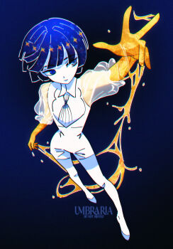 Rule 34 | 1other, androgynous, artist name, blue eyes, blue hair, bob cut, bodysuit, expressionless, from above, full body, gold, golden arms, highres, houseki no kuni, molten metal, other focus, phosphophyllite, solo, umbra (edits umbra), watermark, white bodysuit