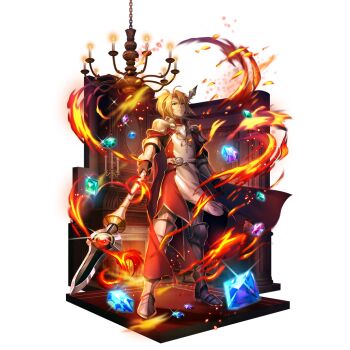 1boy ahoge aqua_gemstone armor armored_boots artist_request belt black_belt black_shirt blonde_hair blue_gemstone boots bracer cape chandelier closed_mouth collared_tunic couter cuisses dark embers fire fireplace floating_clothes forehead frown full_body game_cg gem gold_trim green_gemstone grey_boots hand_on_own_hip high_collar holding holding_polearm holding_weapon indoors kitamura_motoyasu legendary_spear_(small_spear)_(tate_no_yuusha_no_nariagari) legendary_spear_(tate_no_yuusha_no_nariagari) light_smile long_sleeves looking_at_viewer male_focus medium_hair messy_hair multiple_belts official_art pants pauldrons pinstripe_pants pinstripe_pattern pinstripe_shirt polearm poleyn ponytail purple_gemstone red_cape red_carpet red_eyes red_tunic shirt short_ponytail shoulder_armor sidelocks simple_background sleeveless_tunic solo sparkle spear standing tate_no_yuusha_no_nariagari tate_no_yuusha_no_nariagari_rerise transparent_background tunic turtleneck_tunic two-tone_tunic v-shaped_eyebrows vambraces weapon white_belt white_pants white_tunic
