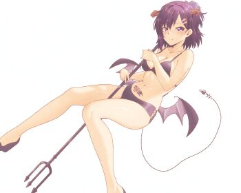 1girl bikini black_bikini breasts cleavage closed_mouth collarbone demon_girl demon_horns demon_tail demon_wings gabriel_dropout hair_ornament hairclip highres hitorilily holding_polearm holding_weapon horns looking_at_viewer low_wings medium_breasts midriff navel polearm purple_eyes purple_hair short_hair smile solo stomach swimsuit tail tattoo trident vignette_tsukinose_april weapon white_background wings x_hair_ornament