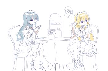 2girls ? ankle_lace-up assault_lily asymmetrical_hair blonde_hair breasts cake cake_slice chair cleavage closed_mouth commentary_request crossed_ankles cup detached_sleeves dress drill_hair drill_sidelocks elbow_on_table flower food full_body ginran'gyoku grey_hair hairband hand_on_lap hands_up highres holding kinran'gyoku layered_sleeves long_hair looking_ahead looking_at_another looking_to_the_side macaron medium_breasts monkey multiple_girls neck_ribbon on_chair partially_colored purple_eyes raised_eyebrow ribbon rose saucer shoes short_sleeves siblings sidelocks simple_background sisters sitting smile spoken_animal spoken_question_mark table teacup teisuu tiered_tray two_side_up vase white_background wide_sleeves